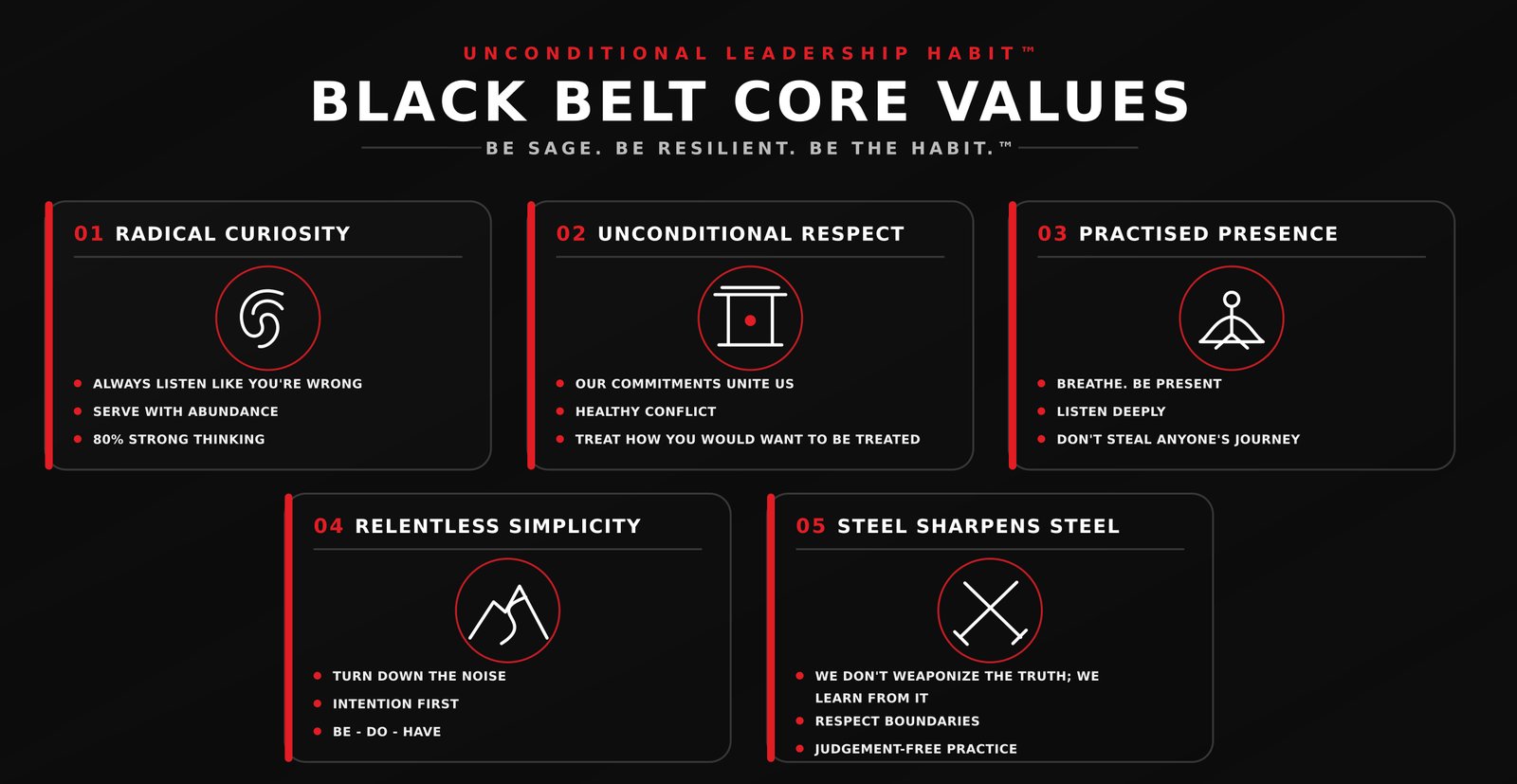 ULH Black Belt Core Values. Be Sage. Be Resilient. Be the Habit. 01 Radical Curiosity: always listen like you're wrong; serve with abundance; 80% strong thinking. 02 Unconditional Respect: our commitments unite us; healthy conflict; treat how you would want to be treated. 03 Practised Presence: breathe, be present; listen deeply; don't steal anyone's journey. 04 Relentless Simplicity: turn down the noise; intention first; be, do, have. 05 Steel Sharpens Steel: we don't weaponize the truth, we learn from it; respect boundaries; judgement-free practice.